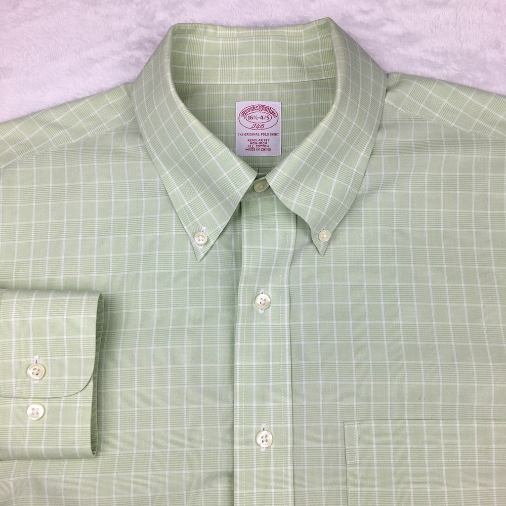 Brooks Brothers Dress Shirt Mens 16.5-4/5 Green/White Checks Regular Fit No Iron